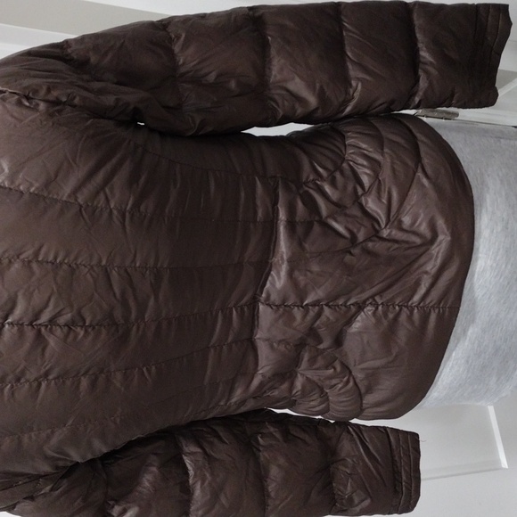 Peace Love Chill women's brown lightweight down jacket with pink lining. Small - Picture 9 of 11
